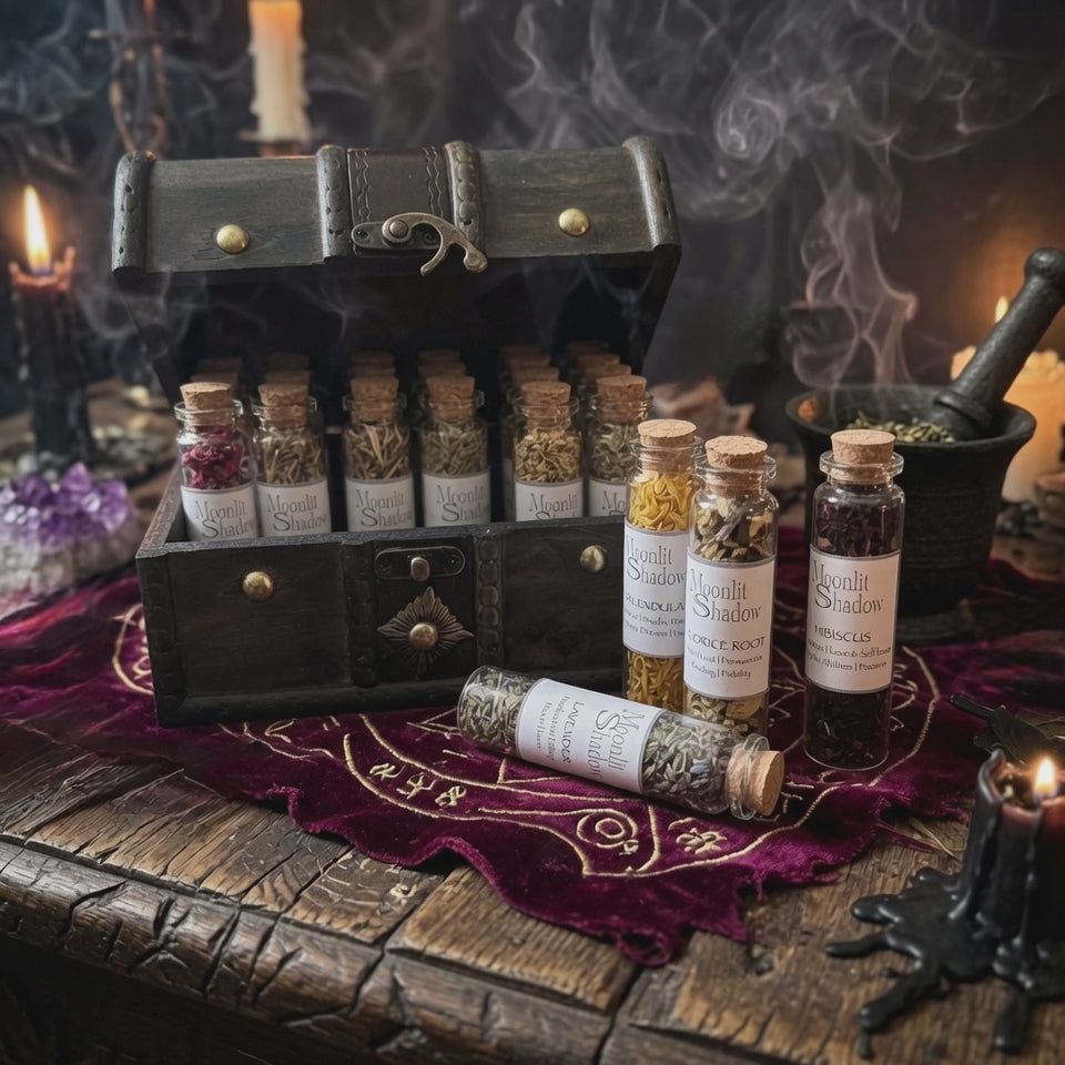 Large spell herb gift set on a red velvet cloth with smoke, candles and crystals