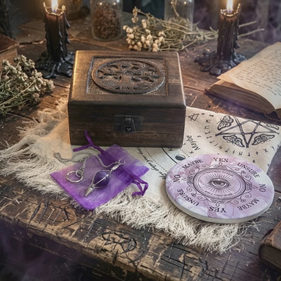Divination gift set with ceramic all seeing eye pendulum board, pendulum cloth amethyst  pendulum and wooden tree of life box