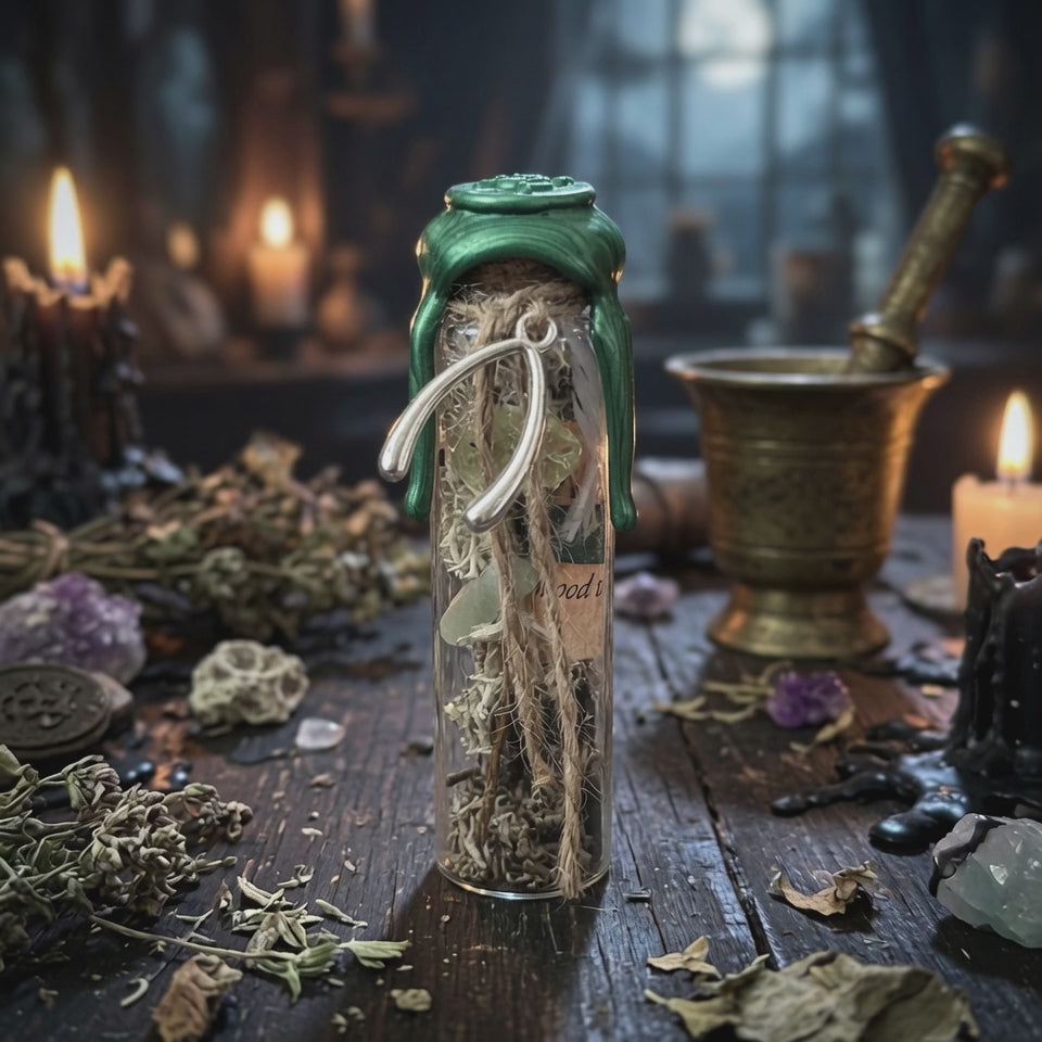 Good luck charm or witch bottle on a wooden surface with pestle and mortar, candles and scattered herbs