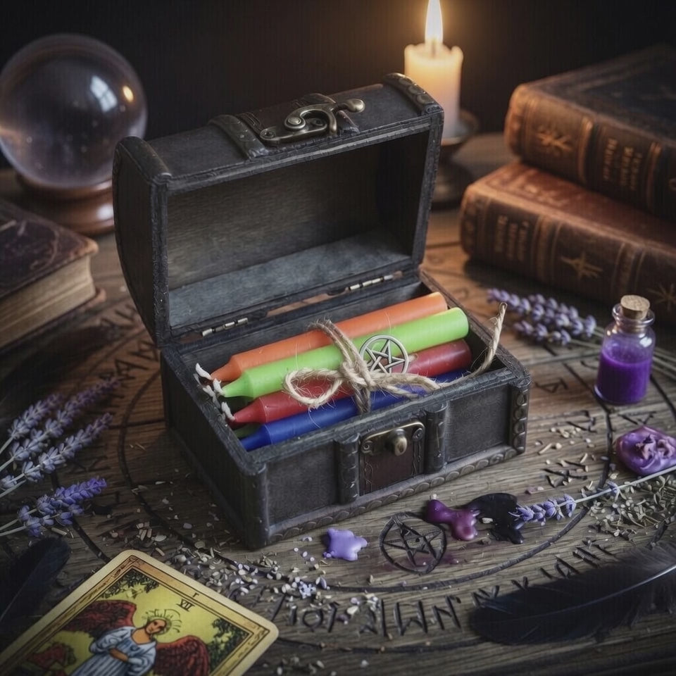 Spell candle gift box open, on a carved wooden surface with crystal ball, books, herbs and a lit candle