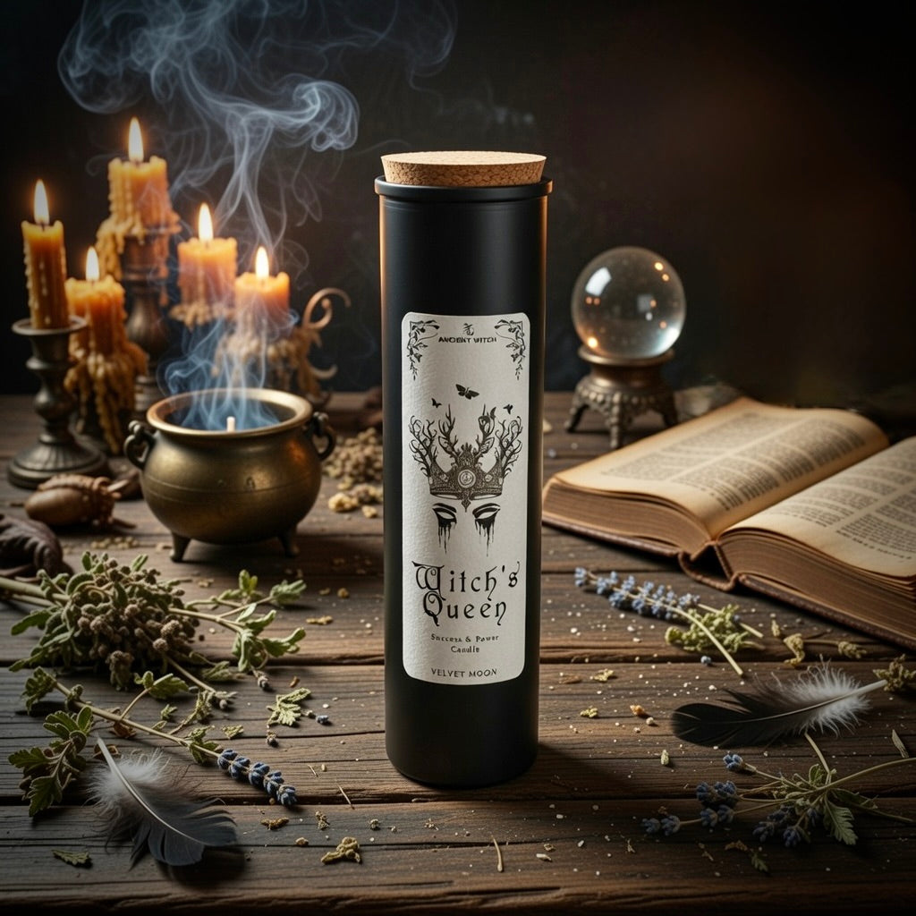 Witch's Queen spell candle on a wooden surface with mystical elements.